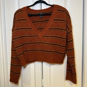 Forever 21 - Retro Casual Rust Brown Striped Knit Crop Sweater Fall Cozy V-Neck
